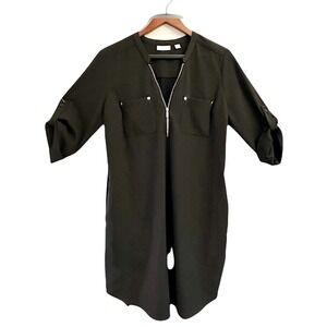 New York & Company Dress Women's M Black Midi Zipper Front Roll Sleeves - Casual